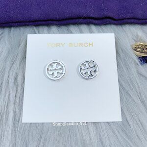 Tory Burch Women's Logo Circle-Stud Earrings - Tory Silver